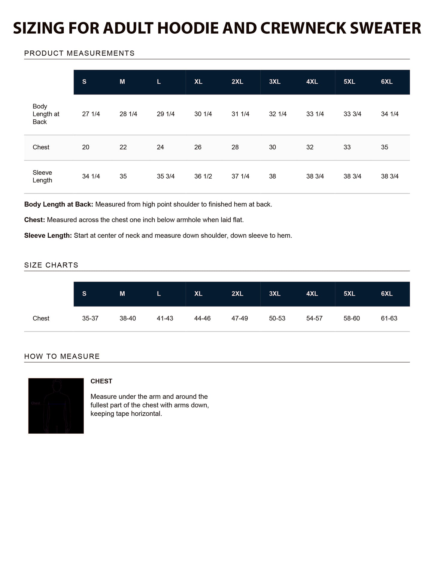 Adult Size Chart for Hoodies and Crews