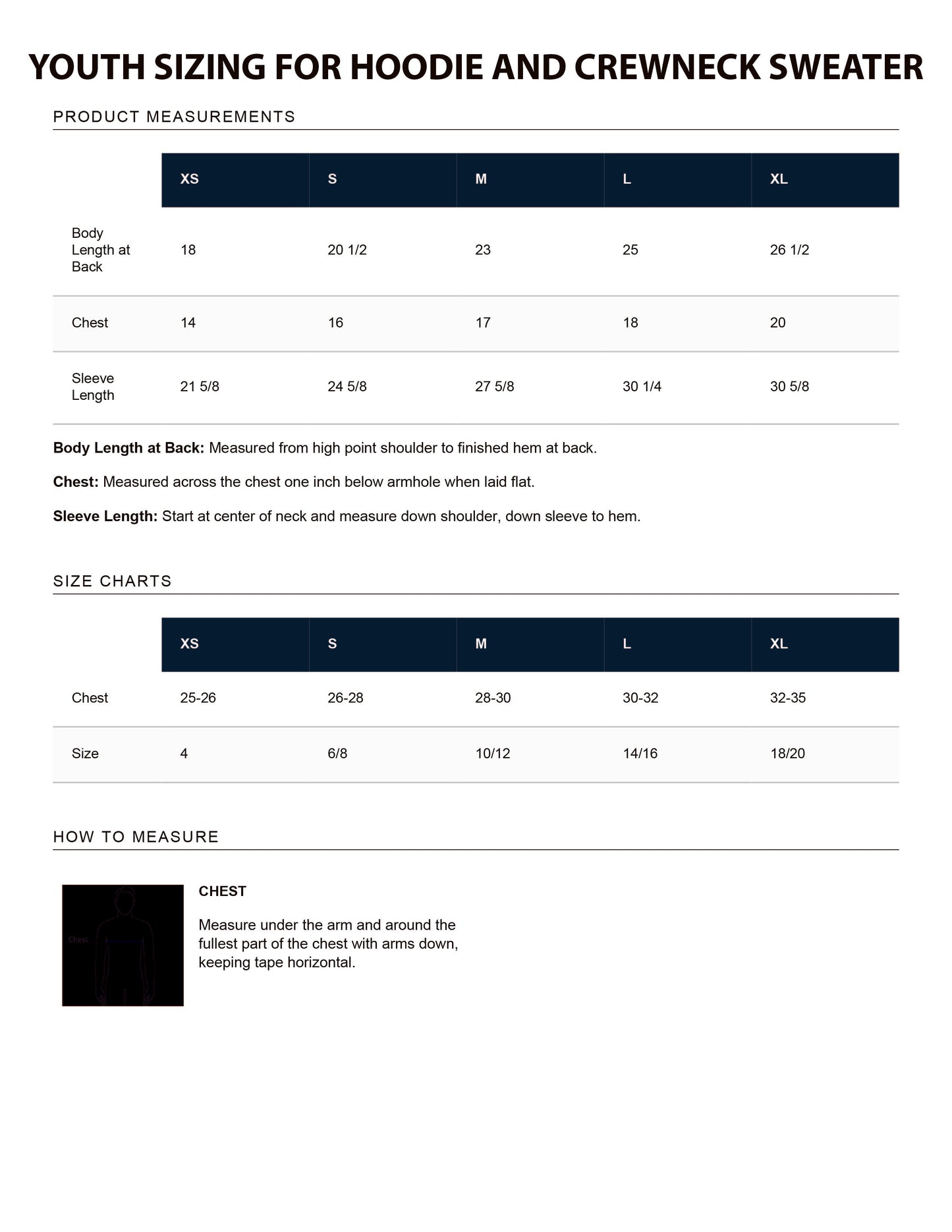 Youth Size Chart for Hoodies and Crews