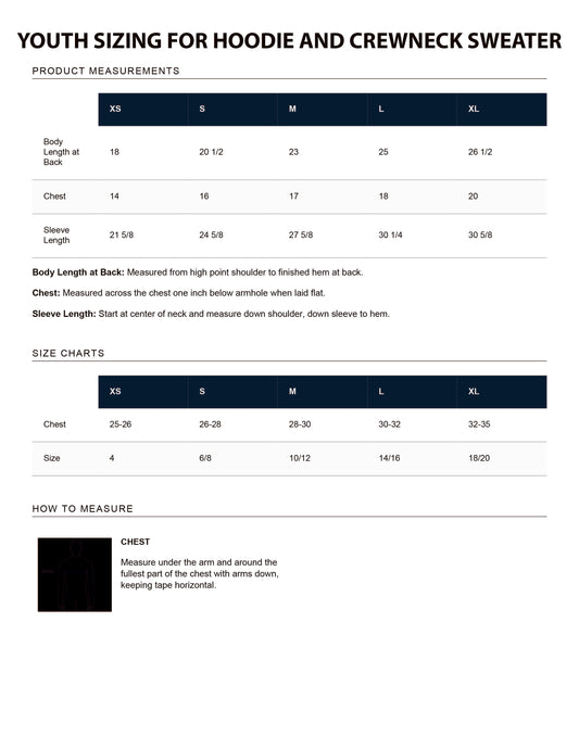 Youth Size Chart for Hoodies and Crews